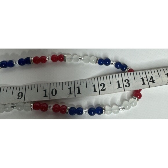 27" Eyeglass Chain Bracelet Earring Set Red White Blue Glass Beads Handmade - Picture 10 of 12